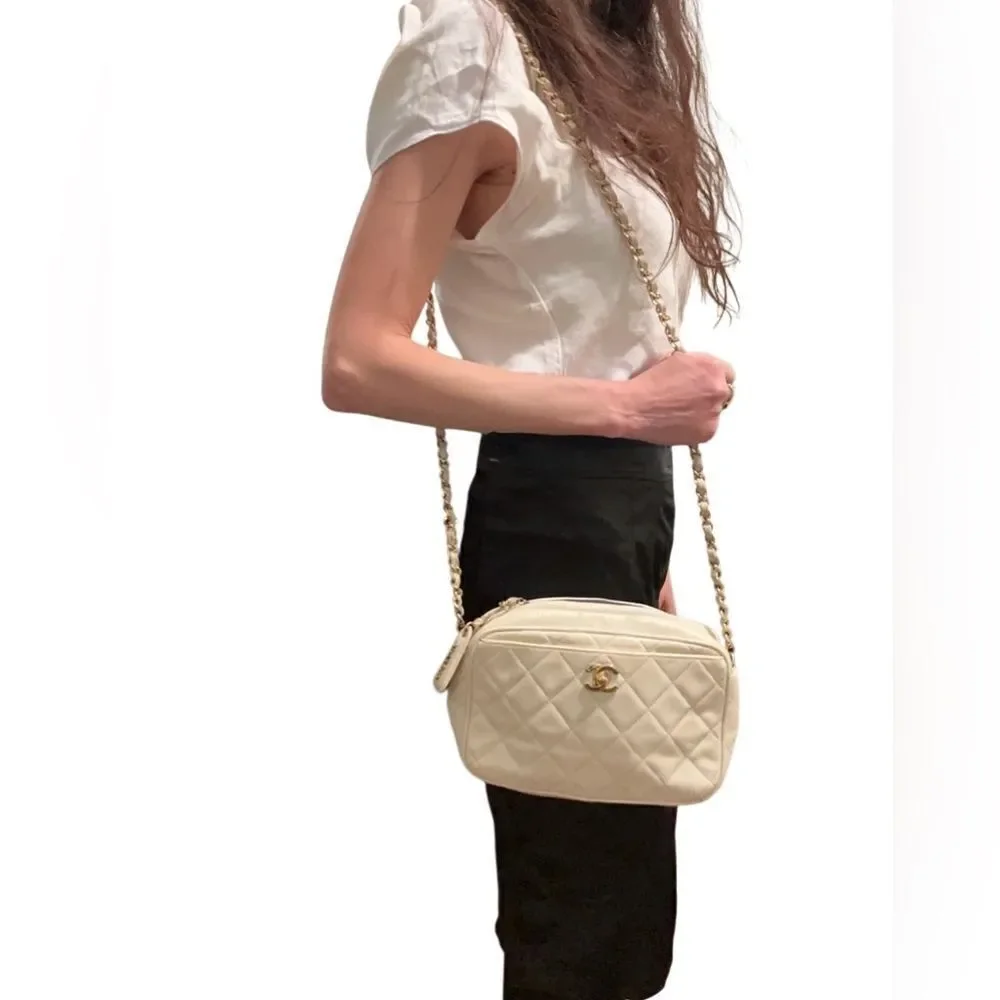 Chanel beige quilted gold tone leather crossbody bag